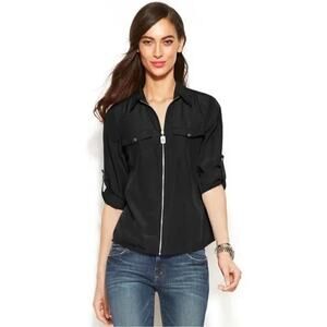 MICHAEL KORS Top Womens 2 Black Full Zip Silver Hardware Roll-tab Sleeve Utility